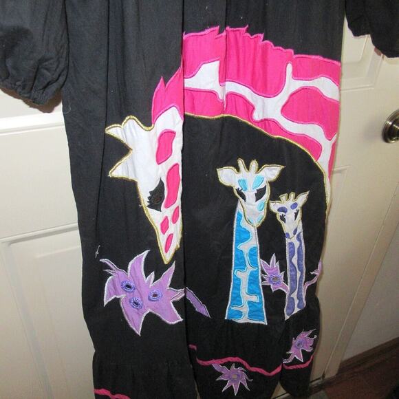 Vtg RAMONA RULL Cotton Giraffes Animals Mirrored Boho Dress Caftan Muumuu Small - Picture 5 of 8